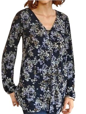J. Jill Floral Expressions V-Neck Navy Long Sleeve Tunic Size Small Petite